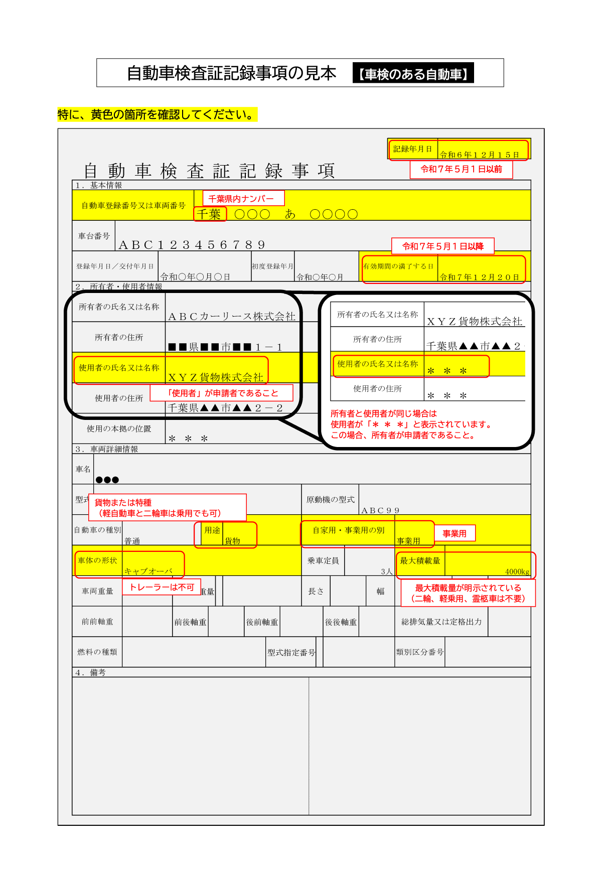 自動車検査証記録事項の見本